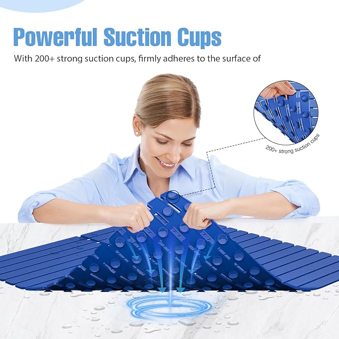 Shower Mat Non-Slip Bath Mat for Tub and Shower Stall,200+ Suction Cups with Drain Holes, Quick Dry Machine Washable, Extra Grip for Elderly and Baby, Bathroom Essentials 24x24 Inch (Blue)