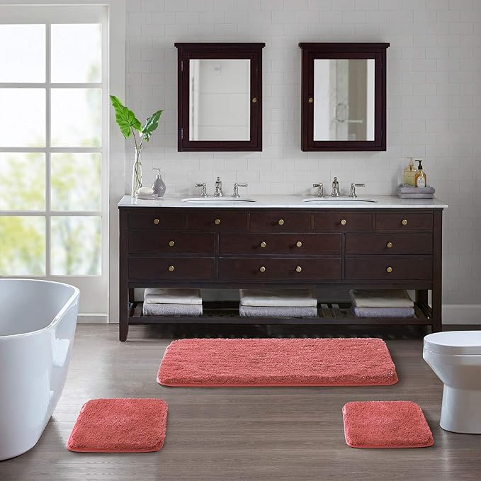 Suchtale Shaggy Bath Mat - Non Slip, Water Absorbent, Soft Microfiber, Machine Washable, Thick Plush (20 x 32 Living Coral)