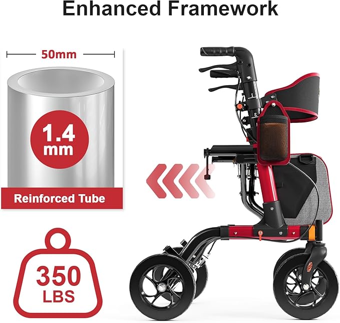 Walkers for Seniors, Rollator Walker with Seat, 350 lb Weight Capacity, 18" Big Seat, 8" All-Terrain Wheels, 6-Level Adjustable Height, Lightweight Aluminum Frame Rollator Walkers for Seniors (Red)