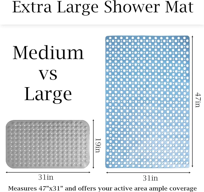 Extra Large Shower Mat Non Slip,47 * 31 Inch Bathtub Mat for Shower with Big Suction Cups,Oversized Anti Slip Bath/Shower Mats for Inside Outside Shower,Perfect for Elderly, Blue