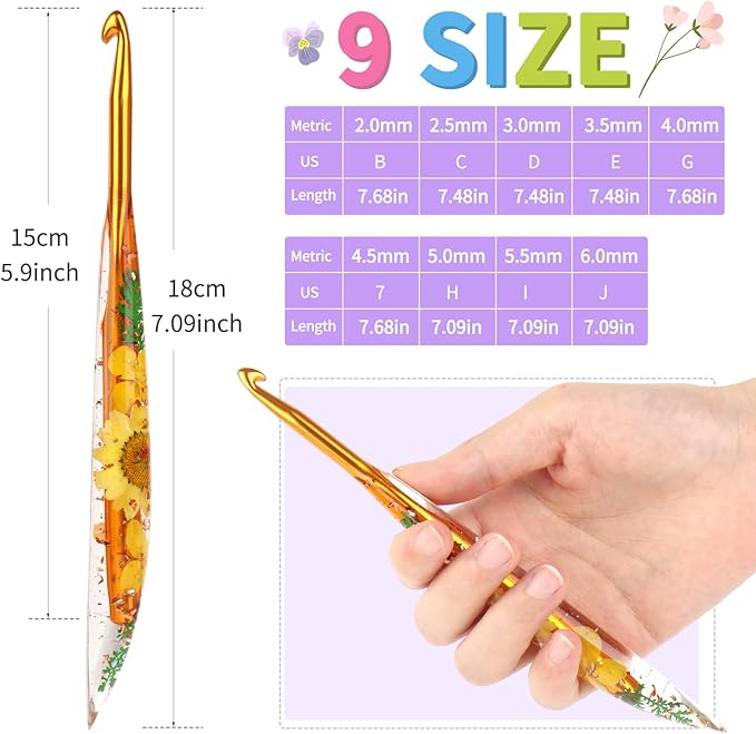 Coopay Crochet Hook Set, 9 PCS Crochet Hooks with Case (2.0mm-6.0mm), Floral Resin Grips - Beautiful & Ergonomic, Great for Crocheting Blankets, Dolls, Shawls, Hats, Scarves (B-J)