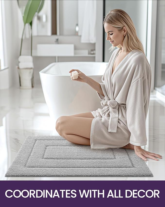 DEXI Bathroom Rug 24x16, Non Slip Washable Bath Mat for Shower Floor, Absorbent Soft Bathmat with Rubber Backing, Quick Dry Microfiber Carpet, Light Grey