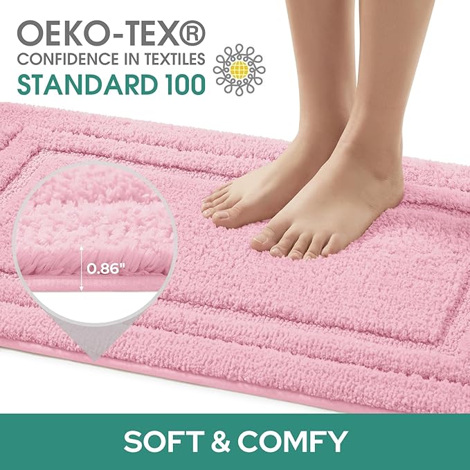 HOMEIDEAS Bathroom Rugs Sets 2 Piece, Super Soft and Absorbent Non Slip Microfiber U-Shaped Toilet Bath Mat Set (20"x32"+U20 x24, Light Pink)