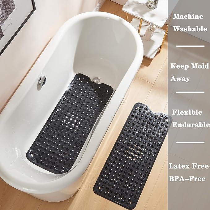 YANZIFLY Bathtub Mat for Shower: Soft Silicone Bath Mat Non Slip with Suction Cups Tub Mat for Bathroom for Family Extra Large Shower matt Machine Washable - Black