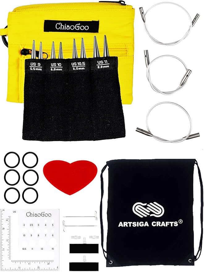 ChiaoGoo Twist Red Lace Shorties 3-Inch Large Yellow 7230-L Interchangeable Knitting Needle Set, US 9, 10, 10.5, 11 Stainless Steel with 3 Swiv360 Cables with Project Bag