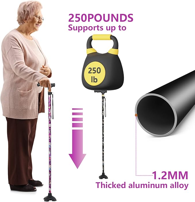 Walking Cane with LED Light, Foldable,Adjustable, Self Standing Walking Canes for Men & Women,Walking Sticks with Quad Base for Seniors & Adults