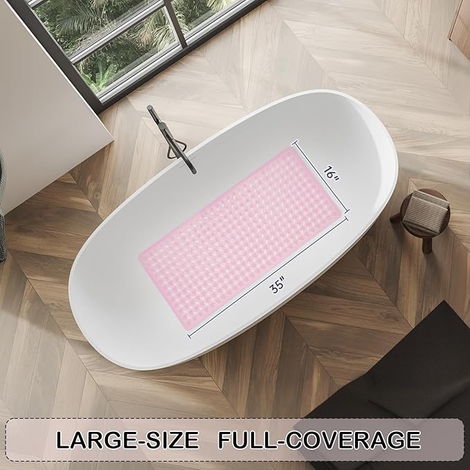 Linoows Non-Slip Bathtub and Shower Mats, Power Grip Bath Mat 35 x 16.3 Inch with Suction Cups and Drain Holes for Tub Bathroom Floor Safety, Machine Washable Soft Bathmat, Clear Pink