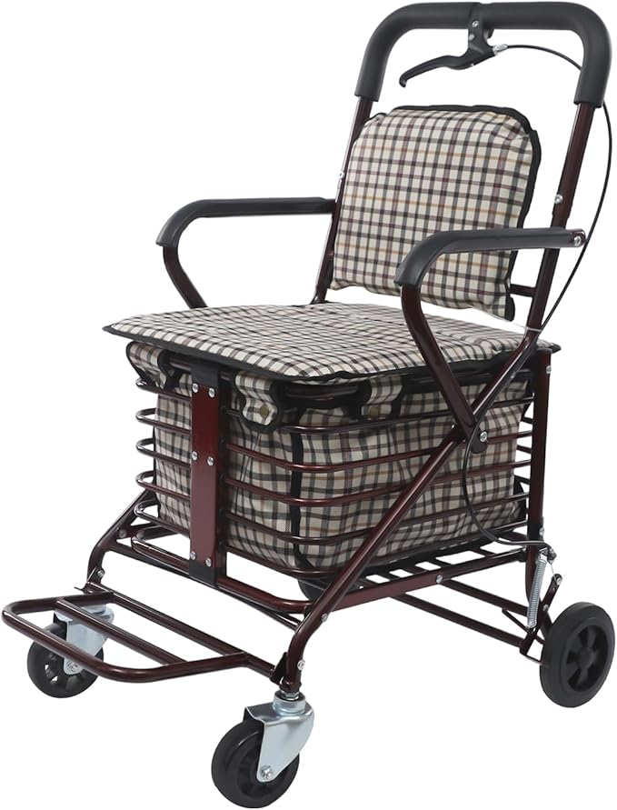 Wine Red Foldable Shopping Cart with Seat & Handbrake, 220lb Capacity, 55lb Basket, 4-Wheel Senior Rollator for Groceries