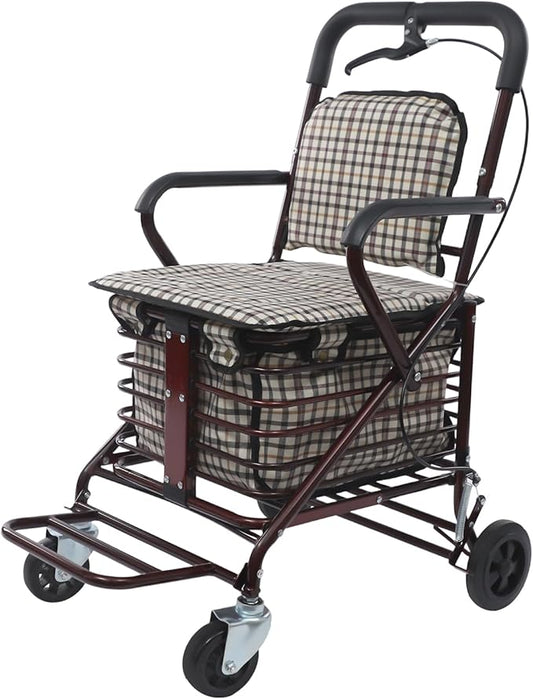 Wine Red Foldable Shopping Cart with Seat & Handbrake, 220lb Capacity, 55lb Basket, 4-Wheel Senior Rollator for Groceries