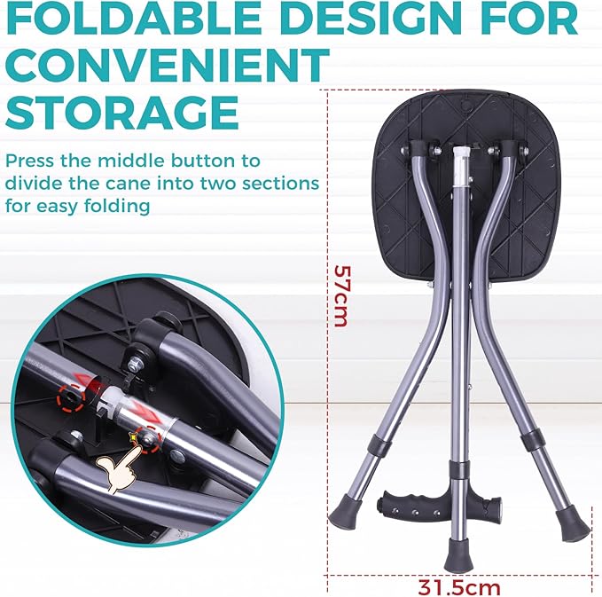 Portable Adjustable Folding Walking Cane with Seat ，Cane seat for Seniors with Magnetic Massage Handle, Supports up to 330 Pounds