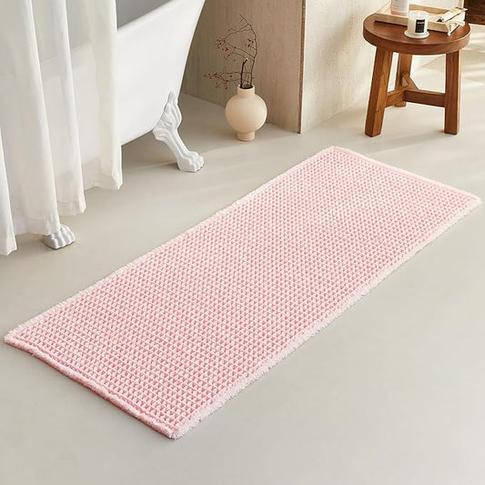 Light Peachy Pink Long Bathroom Rugs, Waffle Runner Rug Bathroom Non Slip Washable Quick Dry Cute Bath Mat Boho Farmhouse Bath Mat, 60"x24" Light Peachy Pink