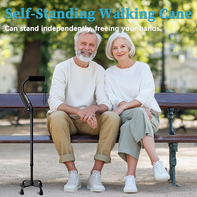 AOHHL Quad Walking Cane Foldable Adjustable Portable Stick Men & Women and Seniors - Lightweight & Sturdy with 4-Pronged Base for Extra Stability Balance,Self Standing Gifts for mom Dad