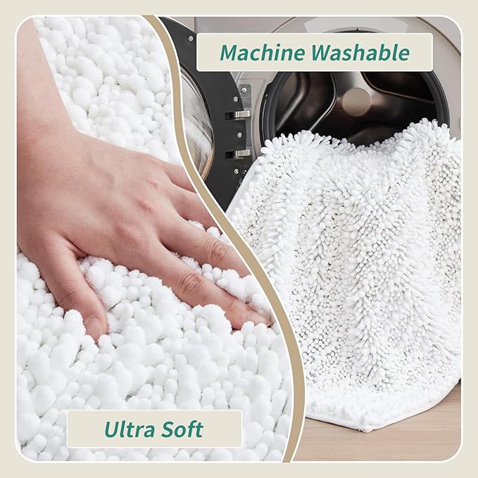 Small Bathroom Rug Non Slip Washable White Bath Mat 20x32 Super Absorbent Soft Bathroom Floor Mat Chenille Bath Rug for Shower Tub