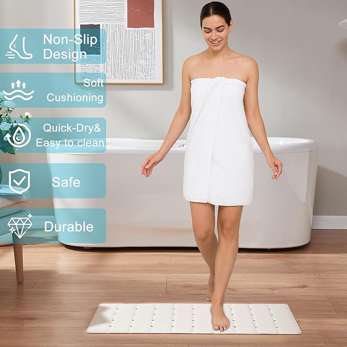 Non-Slip Bath Mat for Tub & Shower：Silicone Foldable Bathtub Mat with Strong Suction Cups, Quick Drain Holes, Machine Washable Extra Large Bathroom Mats 35.8" x 17.7", Beige