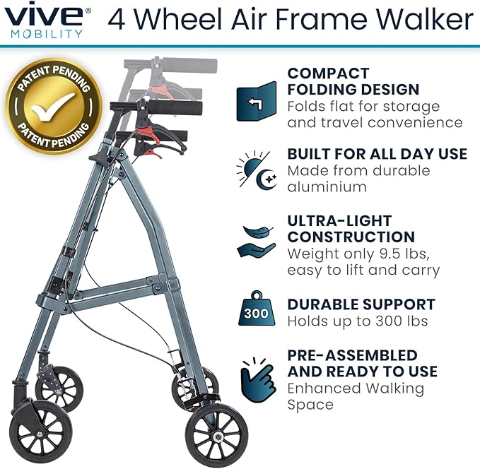 Vive Mobility Lightweight Walker for Seniors - Narrow, Folding Walker w/Wheels for Small & Tight Spaces - Light Weight for Balance, Compact Doorways, Foldable - Portable & Collapsible for Travel
