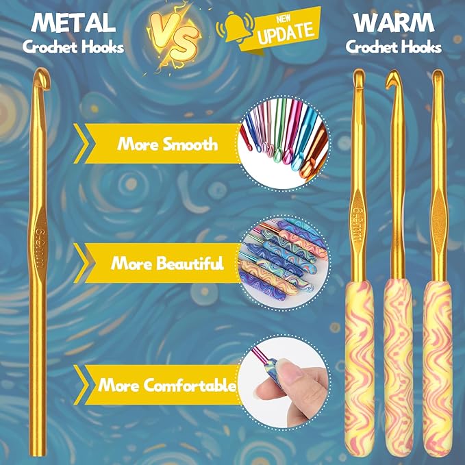 Coopay Warm Crochet Hooks Comfort Grip, Pretty Starry Night Art Handle Crochet Set for Beginners, Longer Aluminum Shaft Crochet Hook Set 2.0mm-6.0mm, Smooth Crochet Needles Set for Crochet Yarn