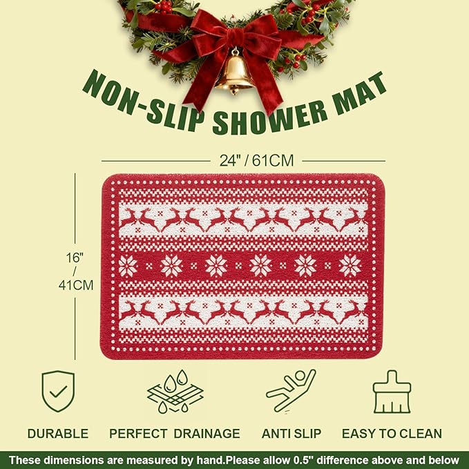 Christmas Non-Slip Bathtub Mat, Anti Slip Shower Mat, Fast Drying Bathtub Mats, Foot Scrubber Mat, Anti Slip Mat for Tub, Floor, Bathroom, Kitchen, Home, Hotel (Reindeer Snowflake, 24"x16")