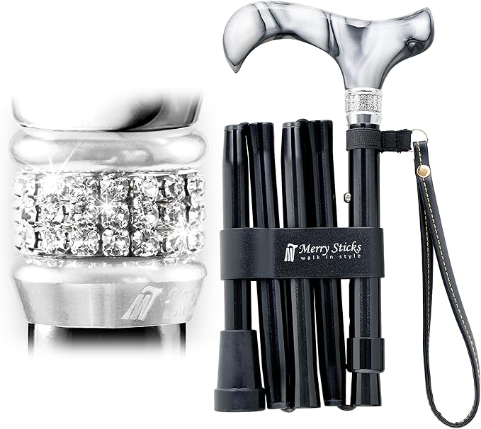 Merry Sticks Designer Foldable Walking Canes with Finest European Crystals, Folding Canes for Women and Men, Adjustable & Collapsible Walking Stick for Seniors, Stylish Rhinestone Gifts - Royal Black