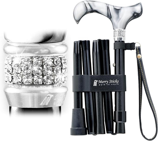 Merry Sticks Designer Foldable Walking Canes with Finest European Crystals, Folding Canes for Women and Men, Adjustable & Collapsible Walking Stick for Seniors, Stylish Rhinestone Gifts - Royal Black