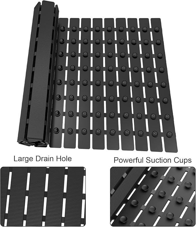 MBOSS Bath Tub Shower Mat Non Slip Bathtub Mats for Bathroom Shower Floor Mat Bath Mats for Shower Tub Anti Slip Shower Mat with Drain Hole and Large Suction Cups (Black, 27.5 X 15.7 Inch)