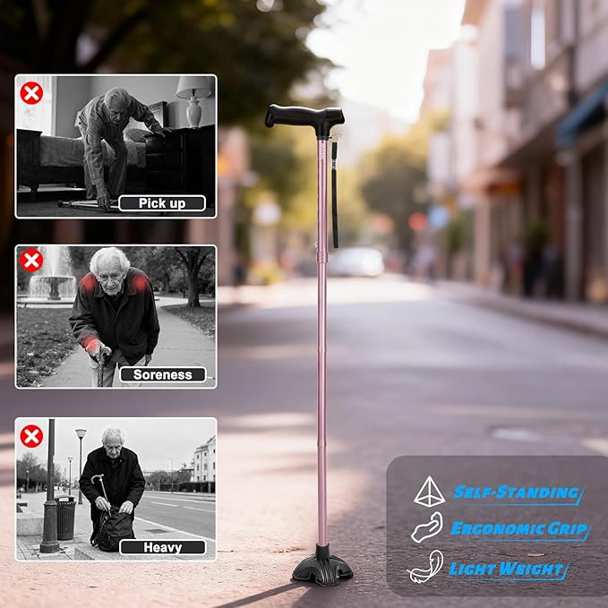 Walking Cane for Women, Extended Grip; Solid Base; Foldable; Adjustable Heights; Lightweight; Free Standing; Portable Canes for Women for Stability (Pink)