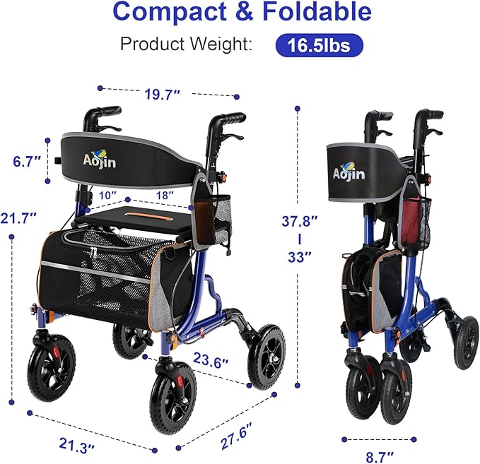 Rollator Walker for Seniors with Seat, Lightweight & Foldable, 8" All-Terrain Wheels, 18" Big Seat, 6-Level Adjustable Height Rolling Walker, 350 lb Capacity, Blue