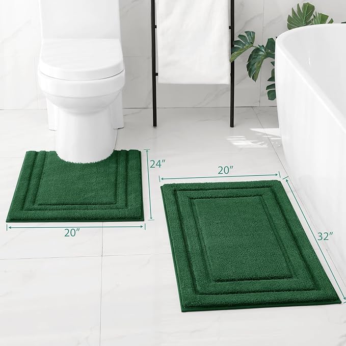 HOMEIDEAS Bathroom Rugs Sets 2 Piece, Super Soft and Absorbent Non Slip Microfiber U-Shaped Toilet Bath Mat Set (20"x32"+U20 x24, Dark Green)