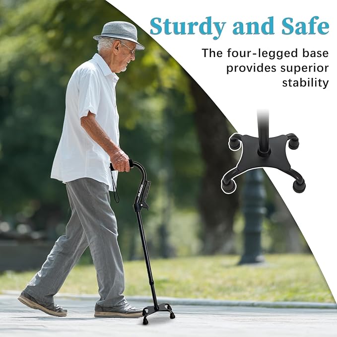 AOHHL Quad Walking Cane Foldable Adjustable Portable Stick Men & Women and Seniors - Lightweight & Sturdy with 4-Pronged Base for Extra Stability Balance,Self Standing Gifts for mom Dad