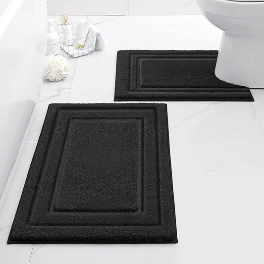 HOMEIDEAS Bathroom Rugs Sets 2 Piece, Super Soft and Absorbent Non Slip Microfiber U-Shaped Toilet Bath Mat Set (20"x32"+U20 x24, Black)