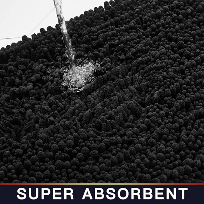 Walensee Bathroom Rug Non Slip Bath Mat (24x17 Inch Black) Water Absorbent Super Soft Shaggy Chenille Machine Washable Dry Extra Thick Perfect Absorbant Best Small Plush Carpet for Shower Floor
