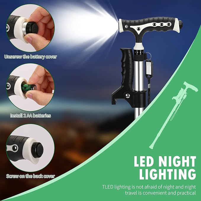 Hold 440 Lbs Walking Cane for Men & Women Aluminum Alloy Lightweight Height Adjustable Walking Stick Heavy Duty Foldbale Free Standing Cane with LED for Seniors Adults