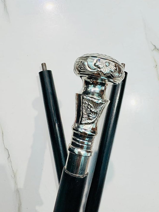 Wooden Walking Cane with Silver Knob Handle Black Cane – Vintage Brass Silver Head Walking Stick, Halloween Costume Prop, Antique Gentlemen Cane, Handmade Wooden Walking Stick Gift