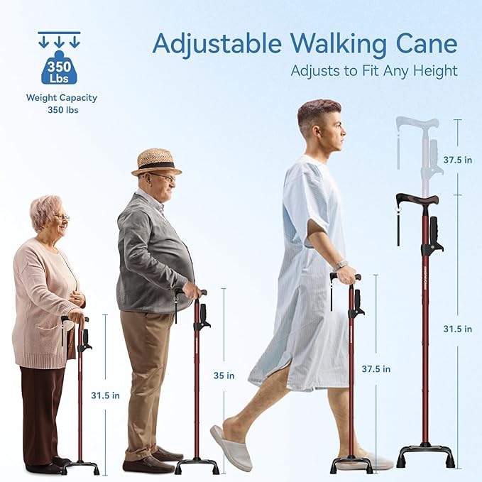KingPavonini Walking Cane for Women/Men with Second Handle, Foldable & Adjustable Quad Cane with 4-Pronged Base for Standing, Lightweight Walking Aid for Seniors & Adults