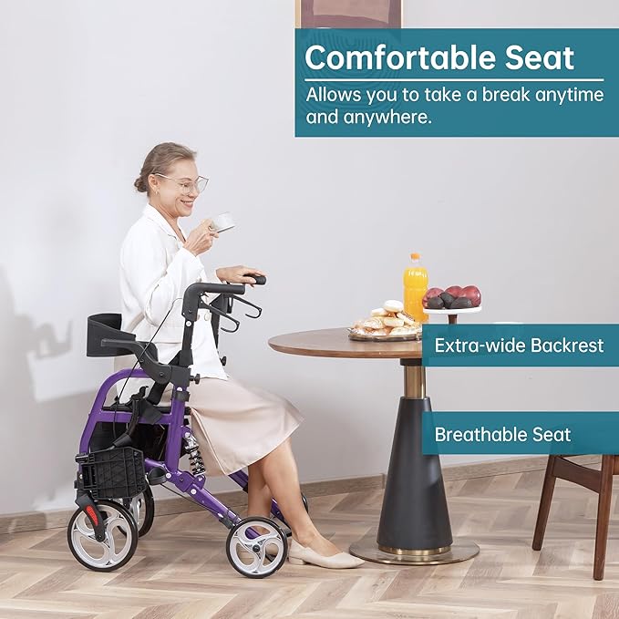 ELENKER 2 in 1 Rollator Walker & Transport Chair for Seniors, Folding Rolling Walker Wheelchair Combo with Wide Seat and Shock Absorber, Purple