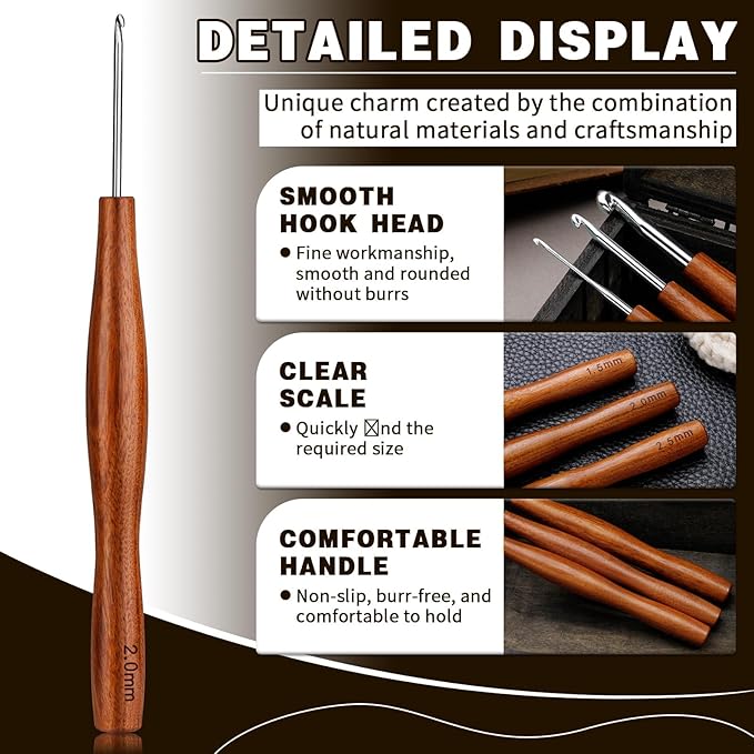 Nitlak 3 Pcs Crochet Hook, 3 Size Aluminum Ergonomic Crochet Hook with Wooden Handle for Arthritic Hands, Beginners, Crochet Needles for Knitting (2mm/2.5mm/3mm)
