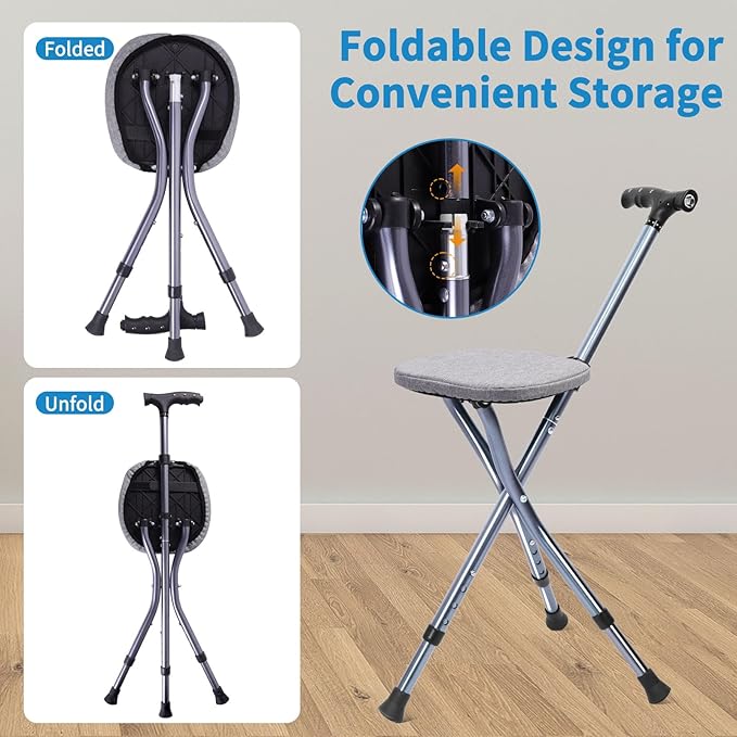 Folding Walking Cane with Seat, Walking Stick with Seat Lightweight for Seniors, Cane Chair with Magnetic Massage Handle & Seat Cover, Height Adjustment, Supports up to 330 Pounds
