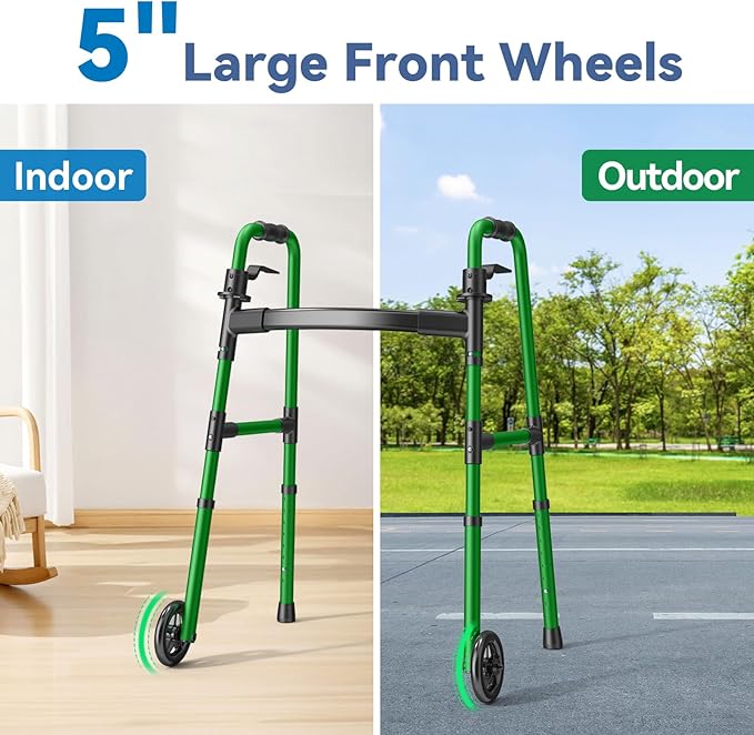 Folding Walker with 2 Skis and 5" Wheels, Lightweight Walkers for Seniors and Adults, Supports Up to 350 Pounds, Adjustable Height, Compact Standard Walker, Green