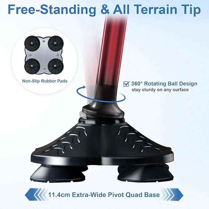 KingPavonini Walking Cane for Men Women Stability, Free Standing Foldable Cane, Ergonomic Handle Pivoting Quad Base, Heavy Duty 350 LBs, Adjustable Walking Canes for Seniors Balance with Travel Bag