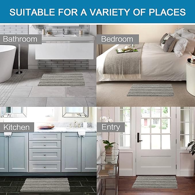 H.VERSAILTEX Bathroom Rugs Bath Rugs for Bathroom Non Slip Bath Mats Extra Thick Chenille Striped Rug 17" x 24" Absorbent Soft Shaggy Washable Dry Fast Bath Mats for Bath Room Floor - Dove