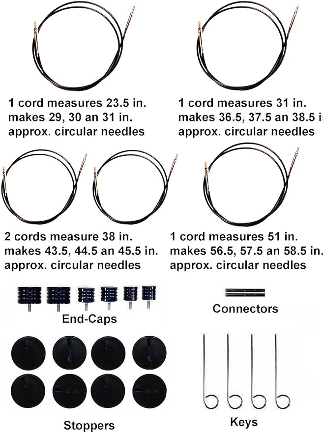 Lykke Umber 5.5, 6.5 & 7.5 Inch Long Interchangeable Knitting Needles Birch Wood US Sizes US Sizes 7, 8, 9, 10, 10.5, 11, 13, 15, 17 with 5 Cords, connectors, Keys, Umber Denim Case, Project Bag
