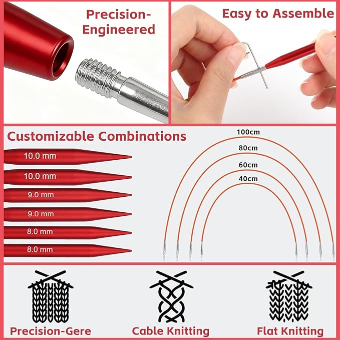 Interchangeable Circular Knitting Needles Set, 13 Pairs (26pcs) Matte Red Aluminum Knitting Needles Kit, Sizes 3.0mm–10.0mm, Knitting Needle Case & Accessories for Knitting Beginners & Advanced