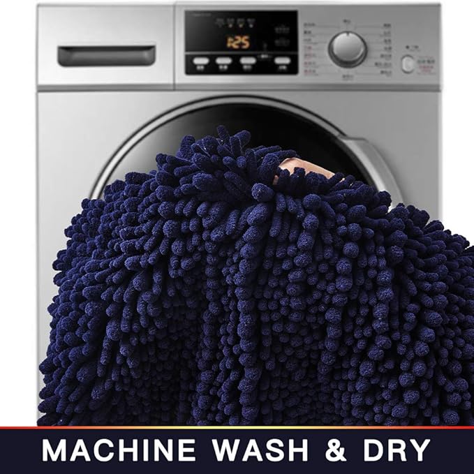 Walensee Bathroom Rug Non Slip Bath Mat (32x20 Inch Navy) Water Absorbent Super Soft Shaggy Chenille Machine Washable Dry Extra Thick Perfect Absorbant Best Large Plush Carpet for Shower Floor