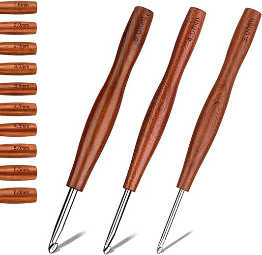 Nitlak 3 Pcs Crochet Hook, 3 Size Aluminum Ergonomic Crochet Hook with Wooden Handle for Arthritic Hands, Beginners, Crochet Needles for Knitting (3mm/4mm/5mm)