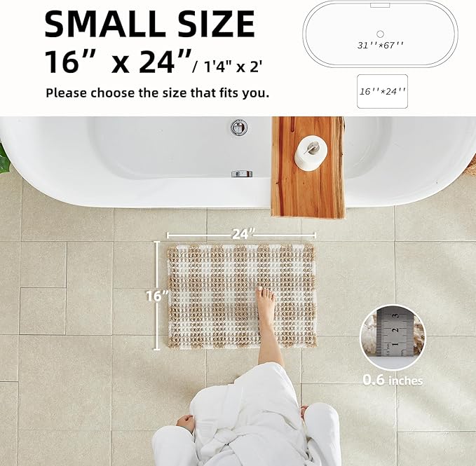 Waffle Bath Mat, Boho Bathroom Rugs Non Slip Washable Absorbent Checkered Bathroom Mat Quick Dry Farmhouse Bathroom Decor, 24"x16" Khaki and White