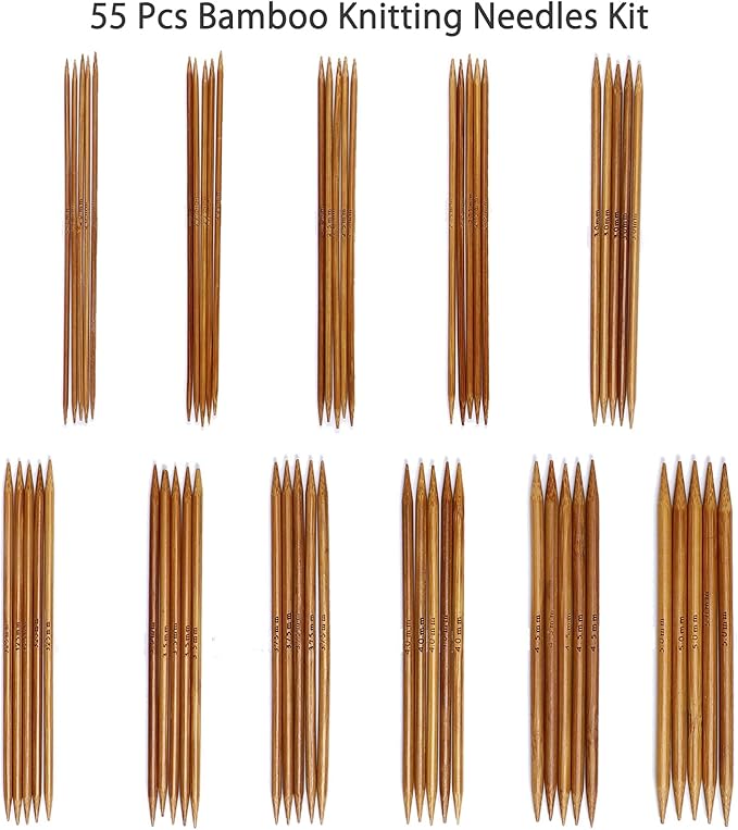 Double Pointed Knitting Needles Set,55 Pcs Carbonized Bamboo Knitting Needles Kit,Short 13cm/5.1in (2.0mm-5.0mm),with Small Tools,Straight Wooden Needles for Beginners,Sock,Handmade Weave DIY Lover