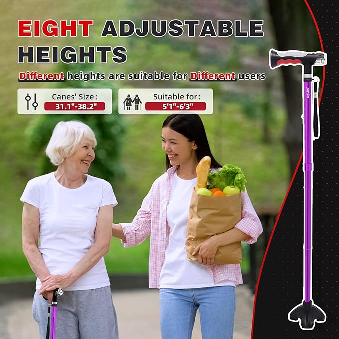 BigAlex Folding Walking Cane with Two Led Lights for Elderly Solid Base Adjustable Walking Stick with Carrying Bag for Men Women