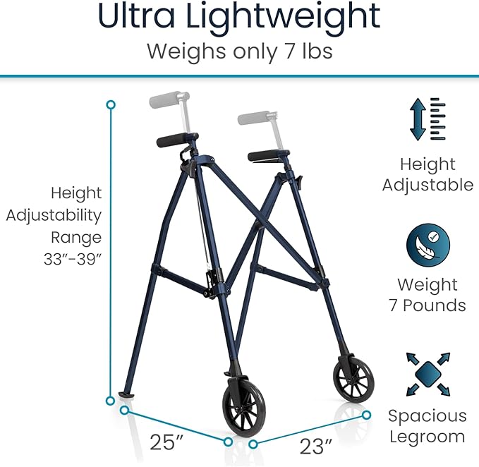 Vive Lightweight Folding Walker for Seniors - Narrow Foldable Rolling Walker for Small Spaces- Compact & Collapsible for Travel - with Wheels, Mobility Support, Portable- Weighs Only 7 Pounds