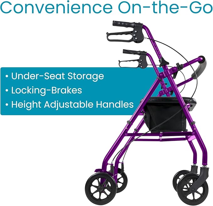 Vive Ultra Lightweight Rollator Walker with Seat - Foldable, Narrow, Rolling Senior Walker for Small Spaces - 4 Wheel Aluminum Adult Easy Drive Aid with Underseat Accessory - Weighs Only 14 Lbs