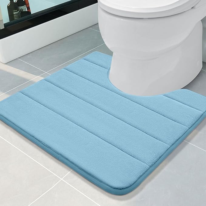 Buganda Memory Foam U-Shaped Contour Toilet Rugs, Non Slip Absorbent, Thick Soft Washable Bathroom Mat, Floor Carpet Bath Rugs Mat for Toilet Base (20" x 20", Blue)