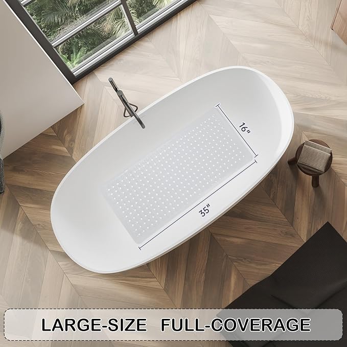 Linoows Non-Slip Bathtub and Shower Mats, Power Grip Bath Mat 35 x 16.3 Inch with Suction Cups and Drain Holes for Tub Bathroom Floor Safety, Machine Washable Soft Bathmat, White